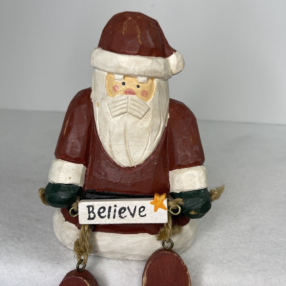 Carved Wood Santa Shelf Sitter Believe Red Black White Hand Painted 8"